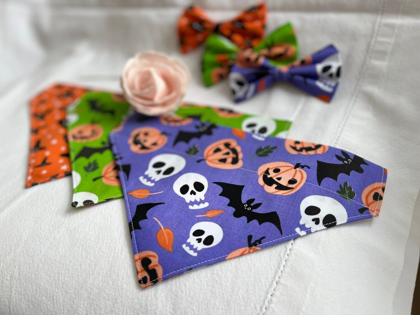 Halloween Dog Collar Accessories Bows & Bandanas Handmade in UK. Multi Sizes