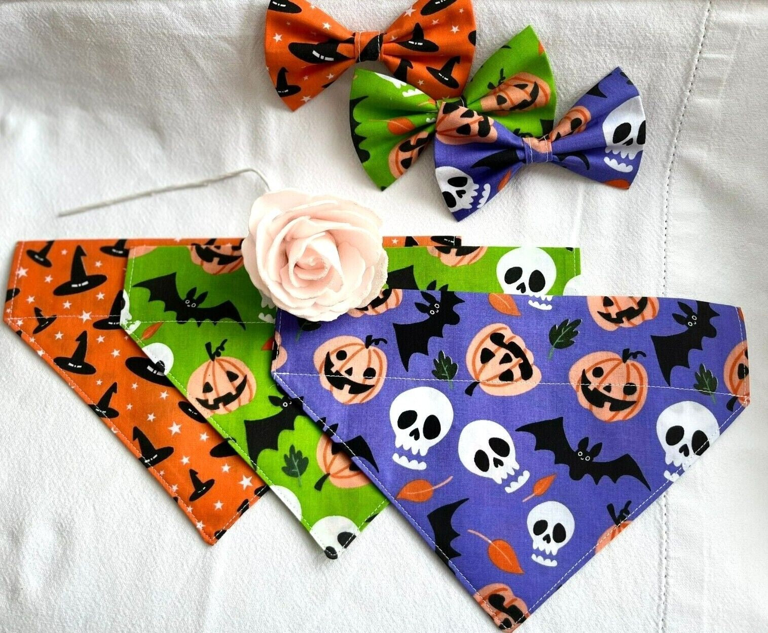 Halloween Dog Collar Accessories Bows & Bandanas Handmade in UK. Multi Sizes