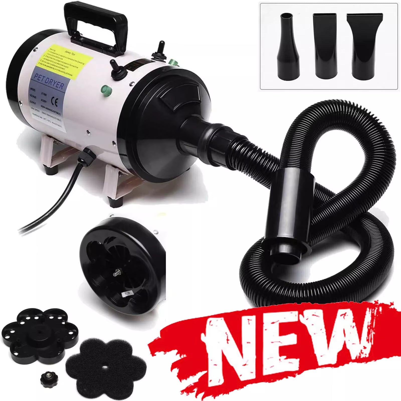 Dog Hair Dryer 2800W Low Noise&3 Nozzles&Extendable Hose Blaster Grooming Dryers Adjustable Temperature for Pets Cats